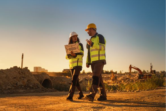 two construction worker walk on a worksite and discuss a project