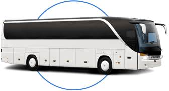 a plain white charter bus with a blue circle graphic behind it